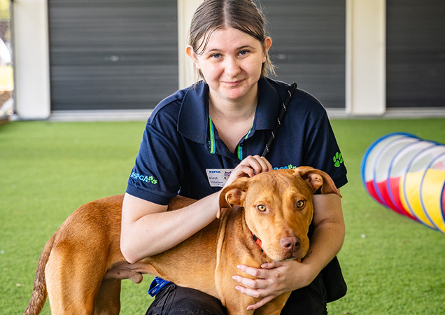 Volunteer Kirsten with brown dog.